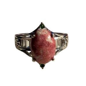 Pink Rhodonite Ring Peridot 925 Sterling Silver Size‎ 8.75 Signed STS Baguette